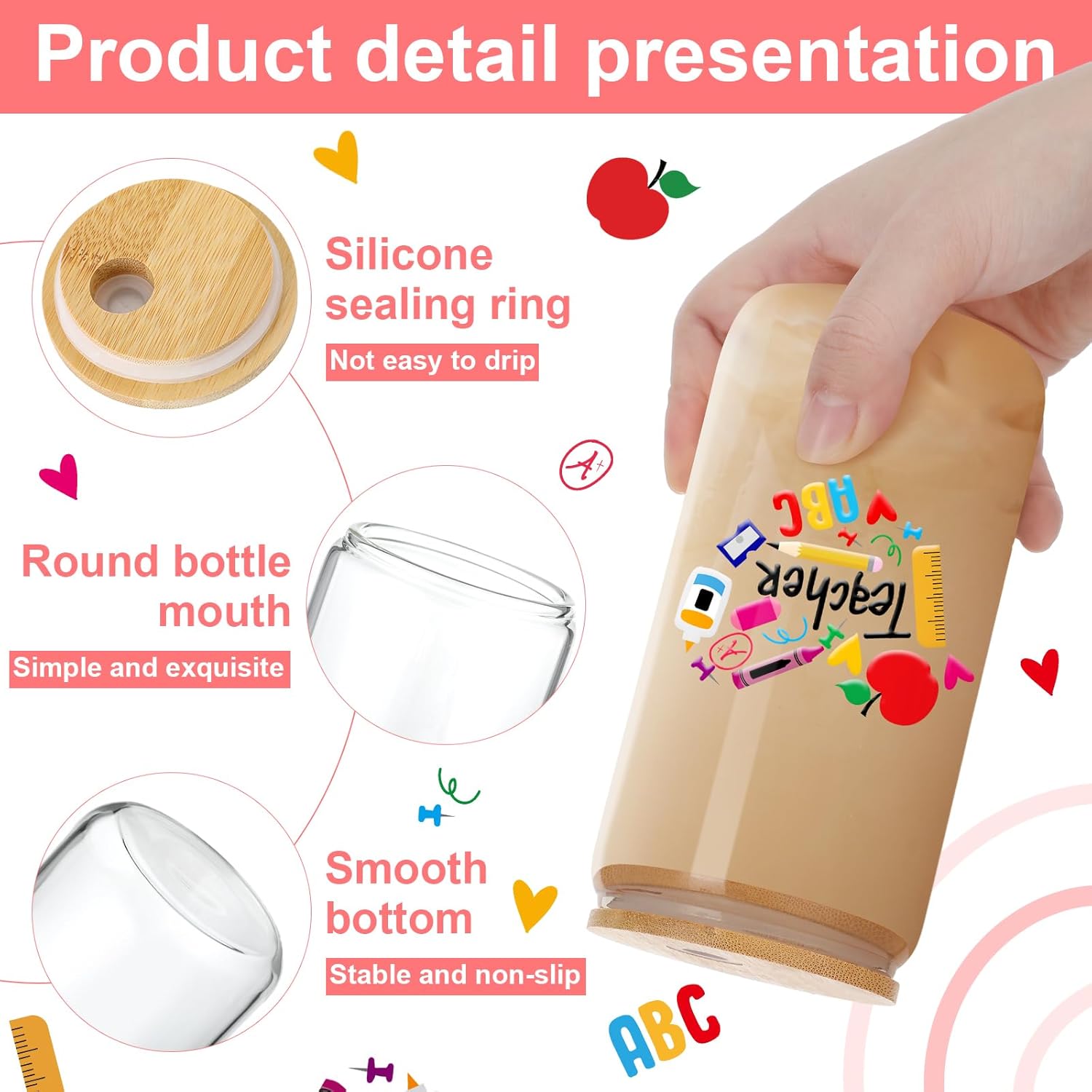 Maxcheck 6 Sets Teacher Appreciation Gifts for Women Men 16 oz Glass Coffee Cups with Lid and Straw Cleaning Brush Thank You End of Year Graduation Gifts for Teachers from Students